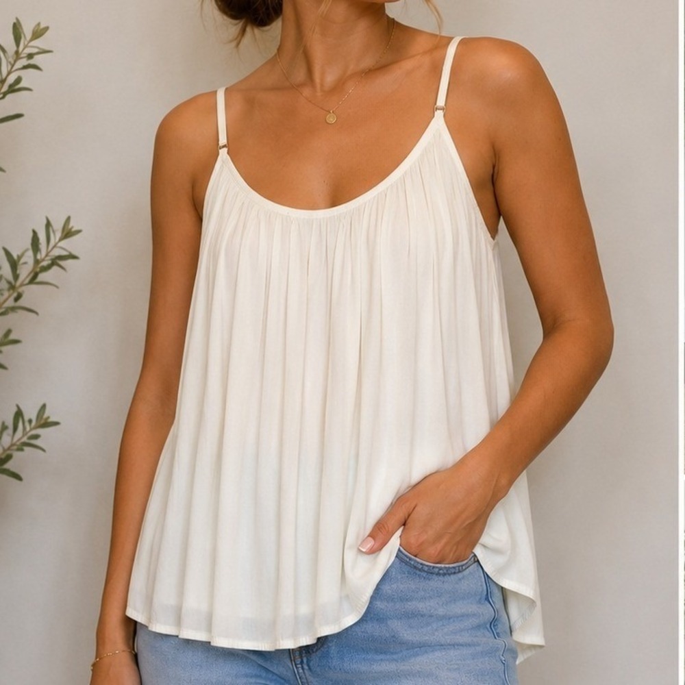Allison Joy Brynn Pleated Cami Tank Top Ivory White Adjustable Straps Medium